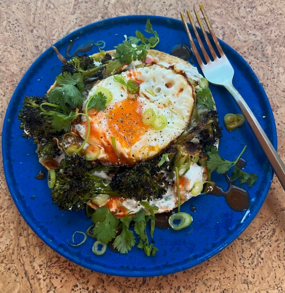 Breakfast Tostada with Charred Brocc & Scallion Labneh