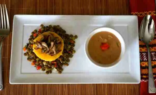 A Vegan meal, Polenta Herbed Cake, Ragout Lentils, Sautéed Shiitake Mushrooms with Butter Bean Puree