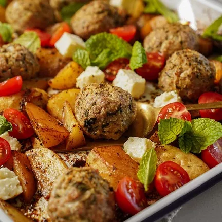 Sheet Pan Greek Meatballs & Lemon Potatoes