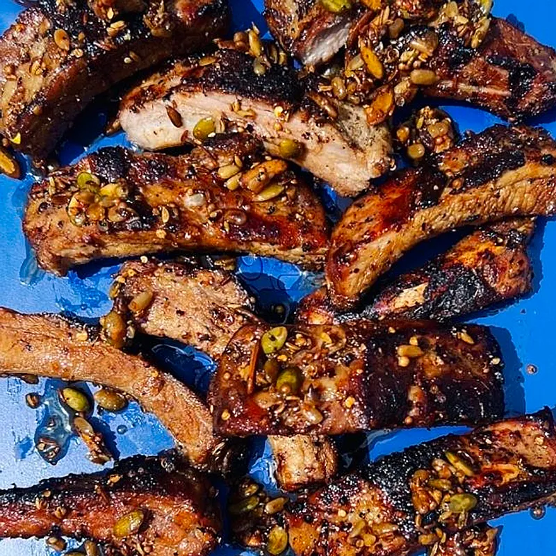 Salt and Vinegar Pork Ribs with Seedy Hot Honey