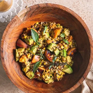 Recipe 'Grilled Corn Peach Avocado Salad with Orange Ginger Miso Dressing'