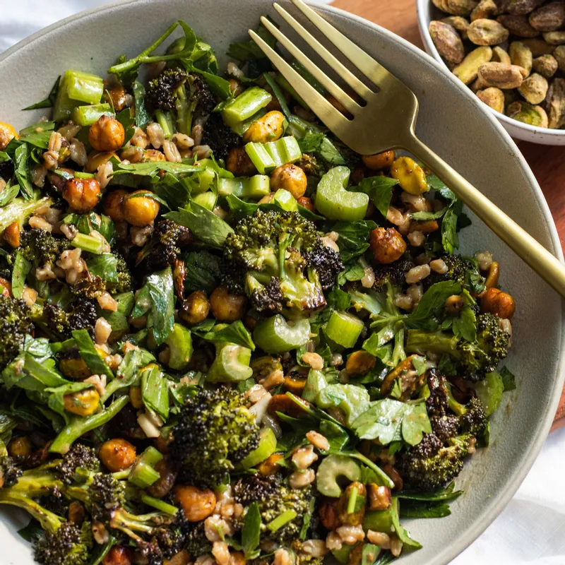 Vegan Warm Broccoli Crunch Salad with Balsamic Tahini Miso Dressing
