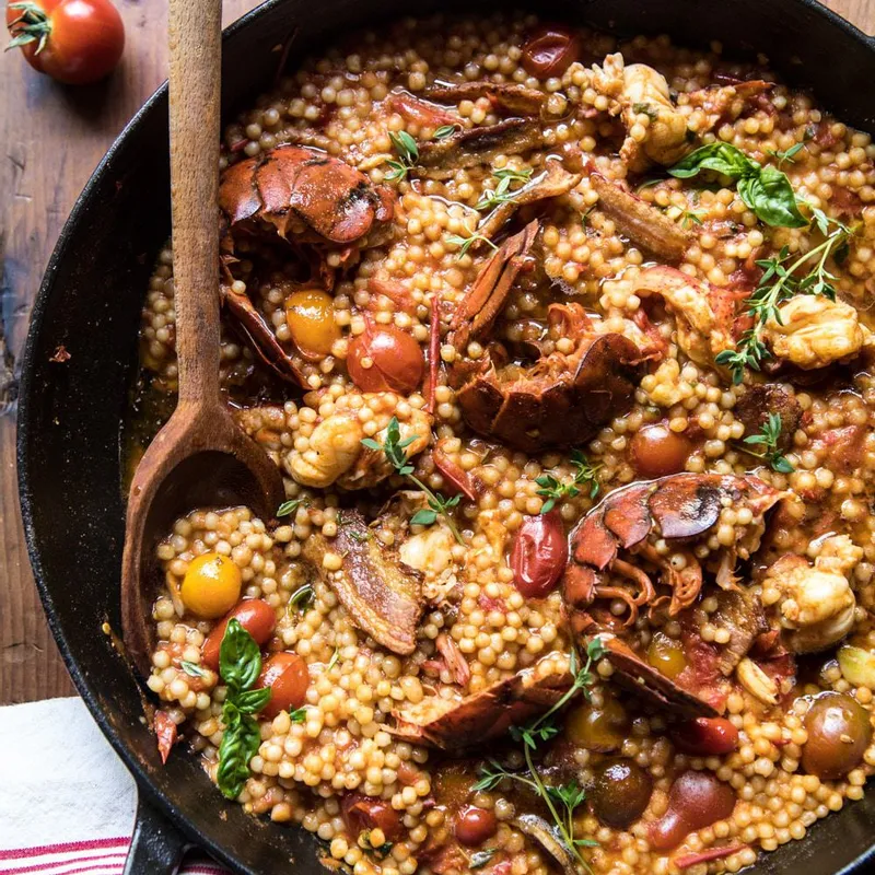 One Pot Tomato Basil Lobster and Herbed Pearl Couscous