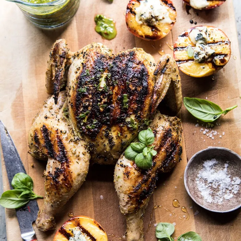 Whole Grilled Chicken with Peaches and Basil Vinaigrette