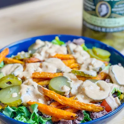 Recipe 'Low Carb Gut Friendly Fermented Dill Pickle Burger Bowls'