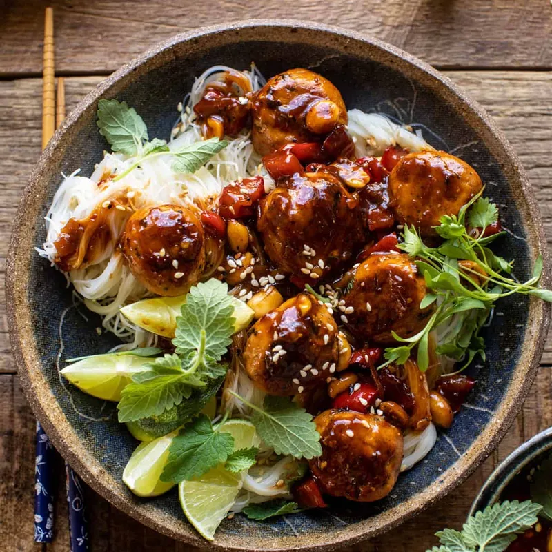 30 Minute Sticky Thai Meatballs with Sesame Noodles