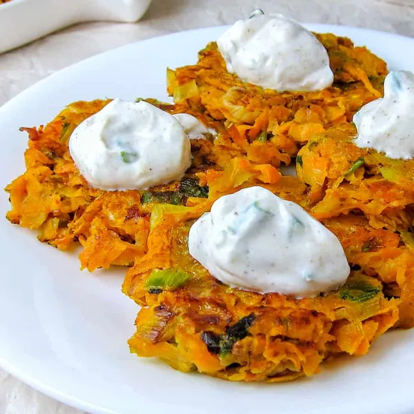 Leek and Sweet Potato Latkes with Cumin-Garlic Yogurt Sauce