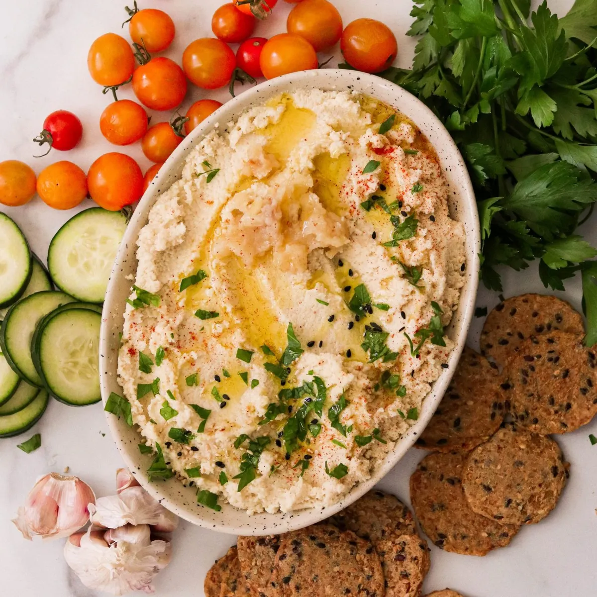 Roasted Cauliflower Hummus with Roasted Garlic (Paleo, Whole30, Keto, Vegan)