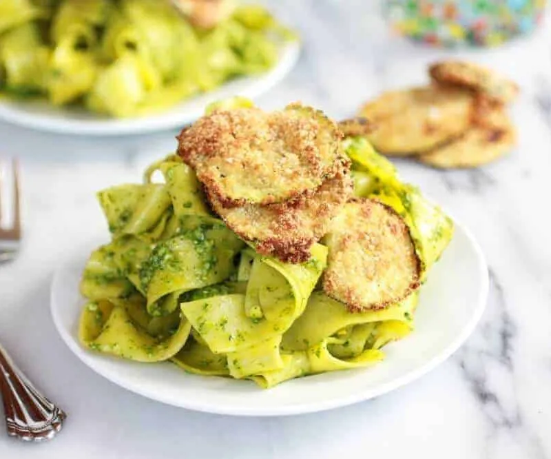 Fried Zucchini and Mint Pistachio Pesto Pappardelle Pasta