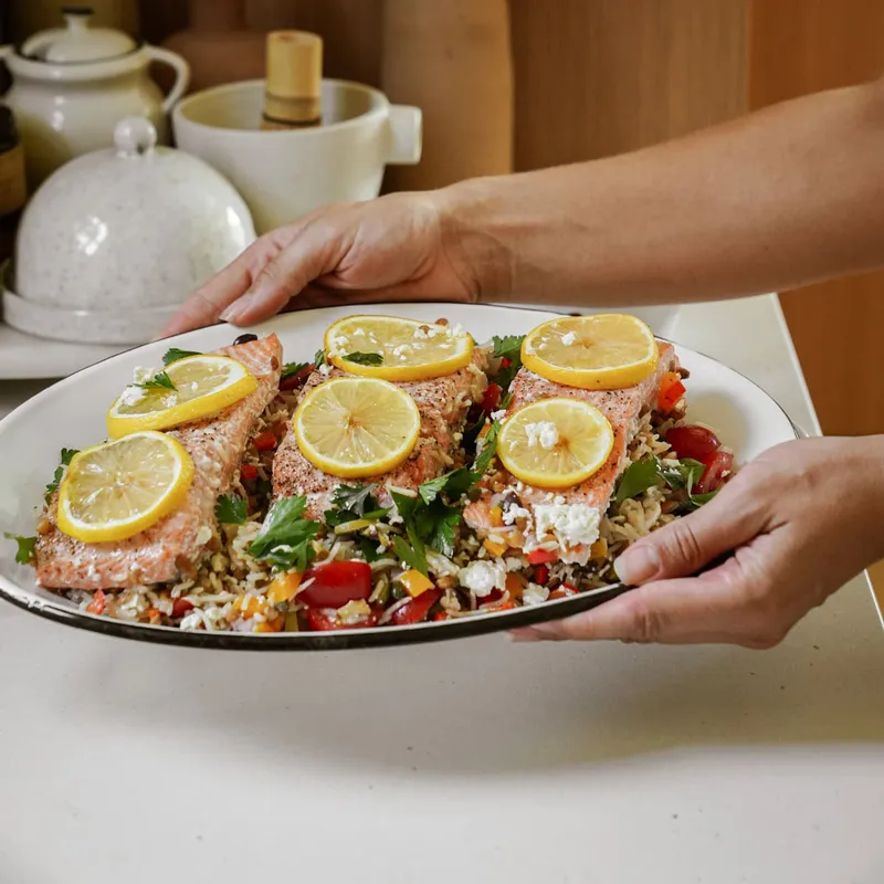 Mediterranean Oven Baked Rice + Trout