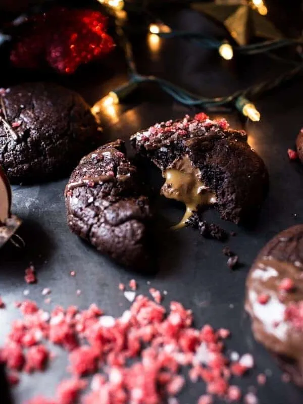 Chocolate Hazelnut and Caramel Stuffed Brownie Cookies with Pomegranate Sugar.