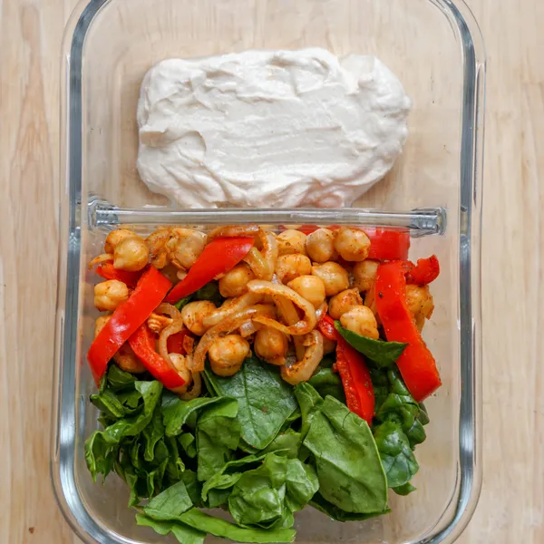 Chickpea, Spinach, Onion and Red Pepper Pita Wraps with Tahini Yogurt Sauce