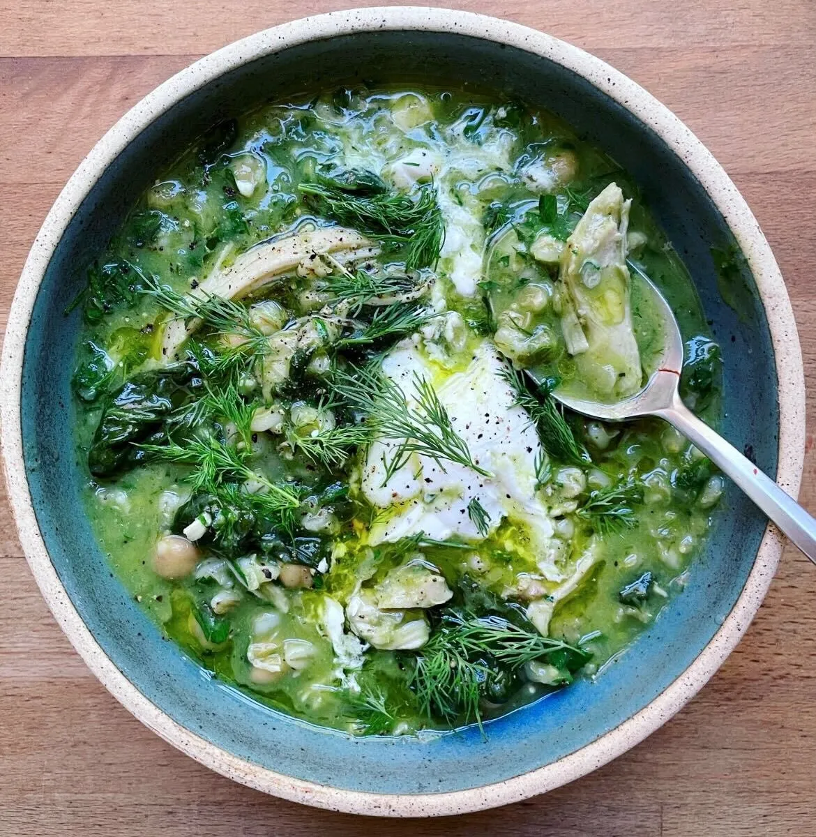 Green Chicken Soup with Chickpeas and Sizzled Spices