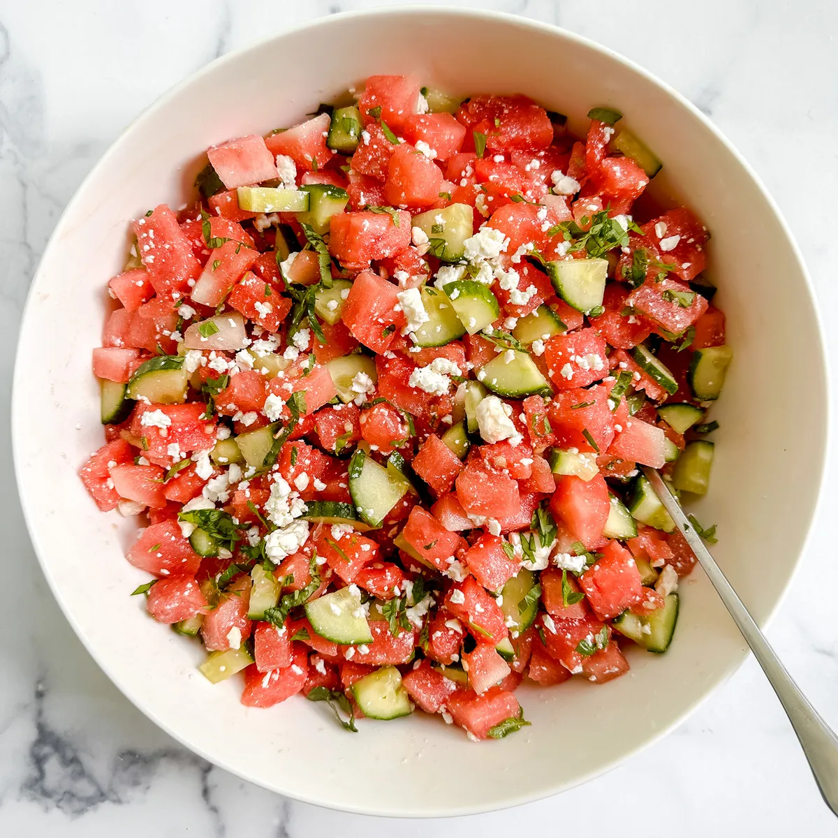 Watermelon Salad with Cucumber, Feta and Honey-Lime Dressing