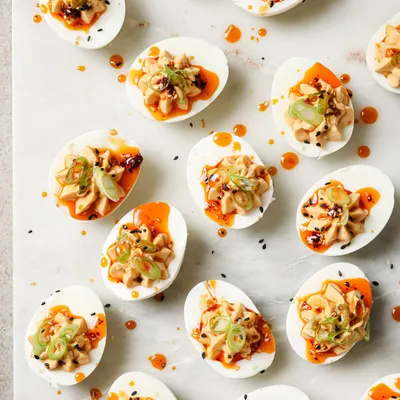 Recipe 'Miso-Sesame Deviled Eggs with Chili Oil & Scallions'