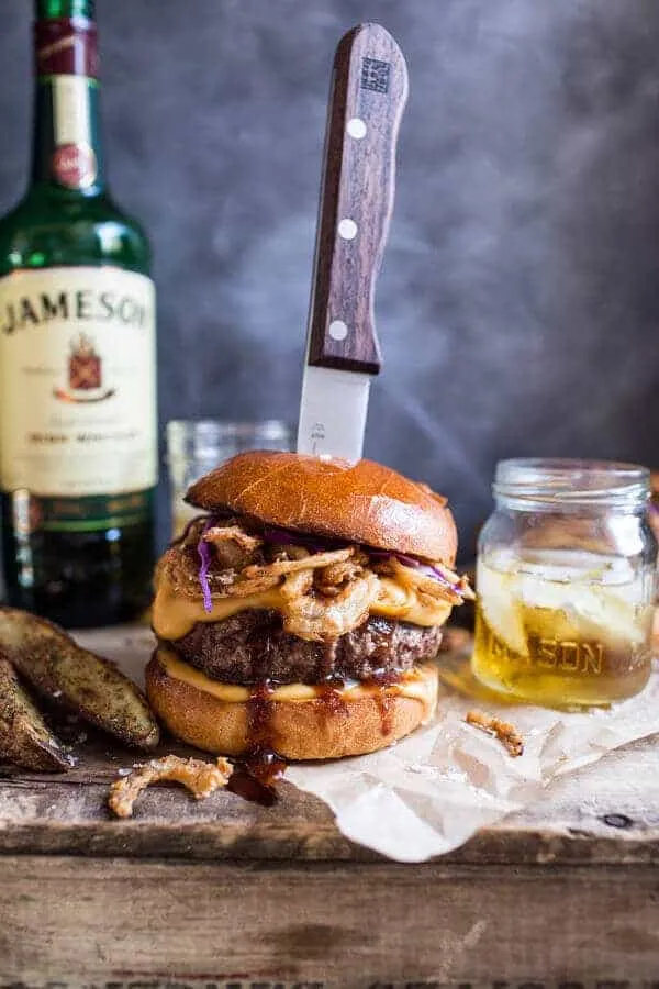 Jameson Whiskey Blue Cheese Burger with Guinness Cheese Sauce + Crispy Onions.
