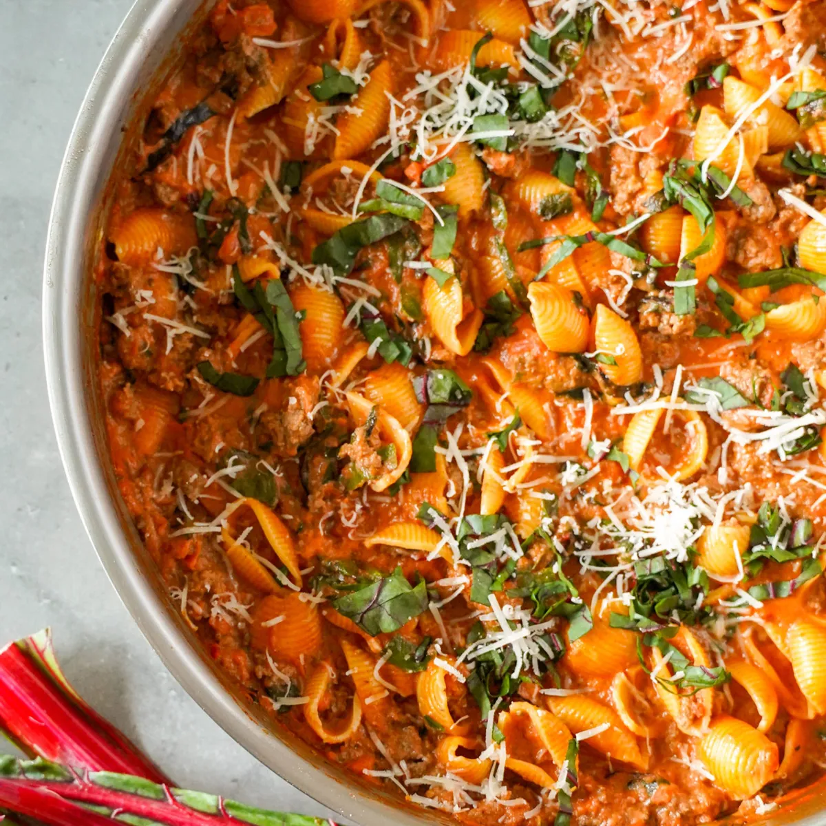 20-Minute Ground Beef Pasta With Swiss Chard