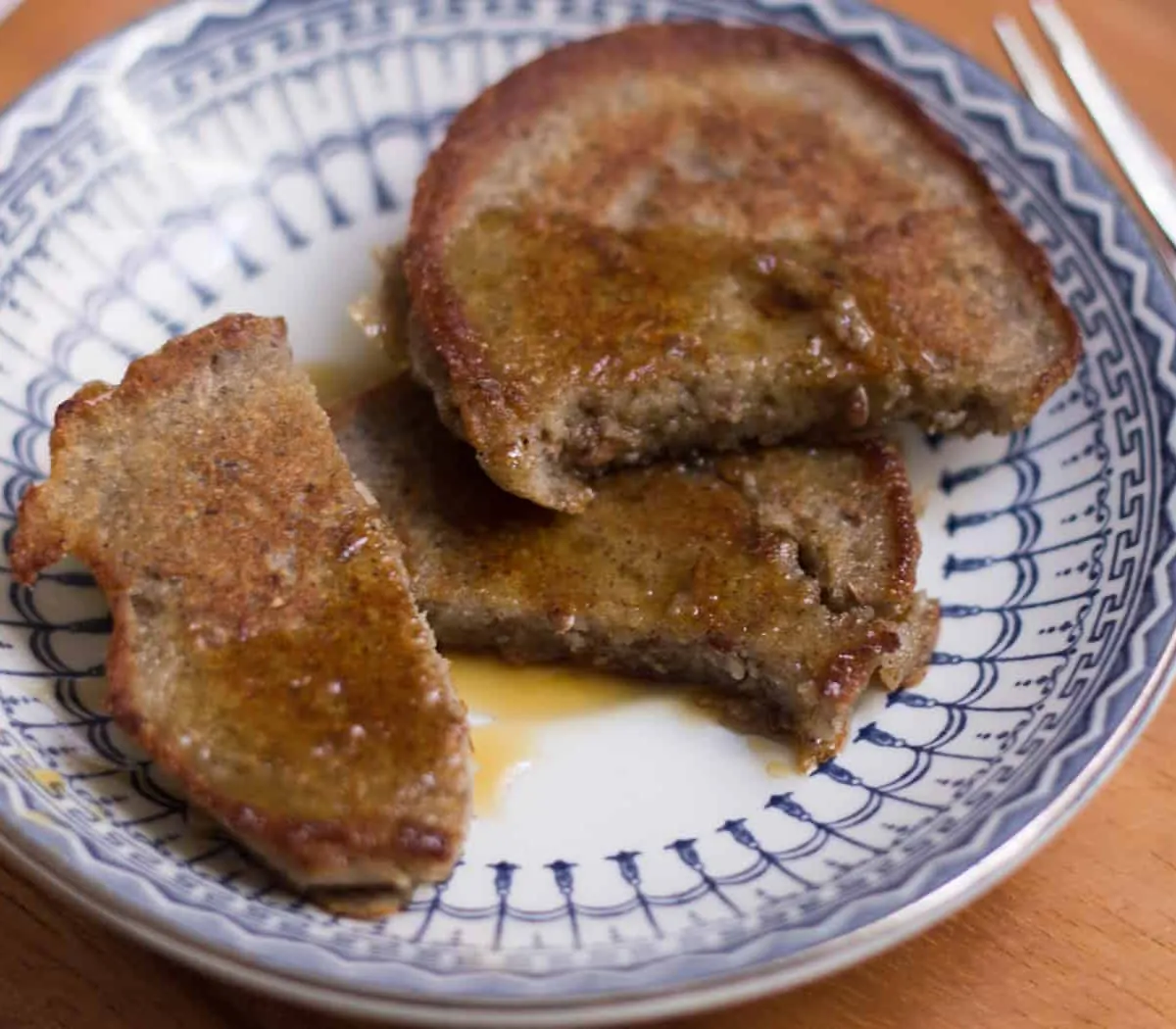 Russian buckwheat pancakes (syrniki) with flax seeds and maple syrup