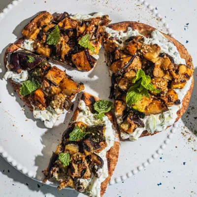 Recipe 'Charred Vegetable Flatbreads with Zucchini Yogurt Sauce'