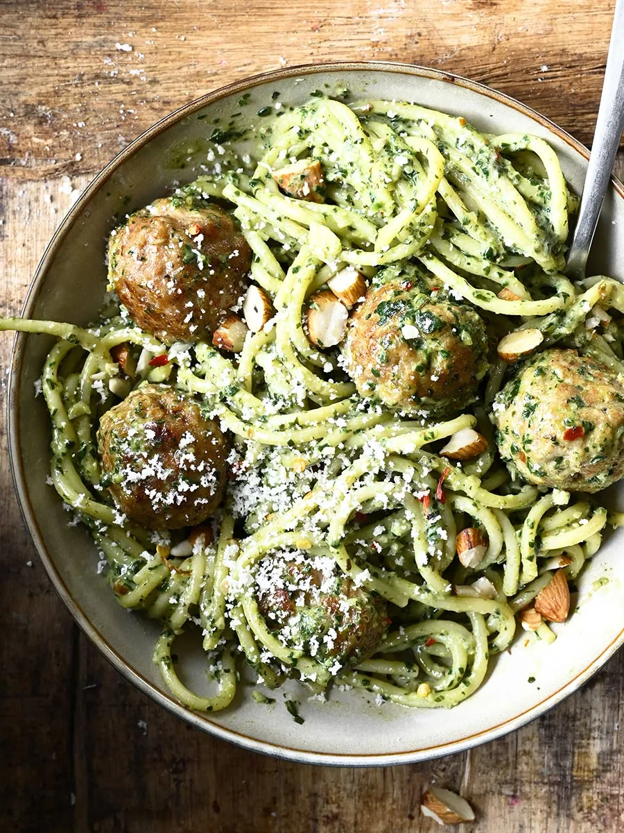 Meatballs with Spinach Pesto Pasta