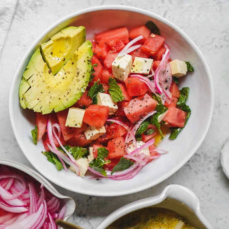 Quick + Easy Watermelon + Mint with Tofu Feta Salad
