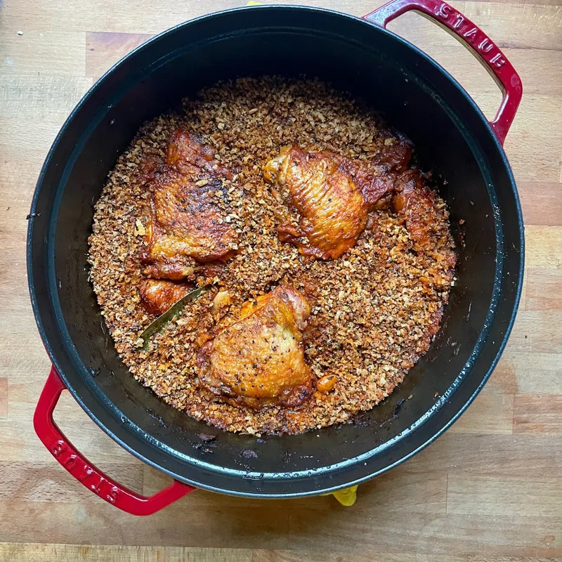 Crispy Chicken and Kielbasa Cassoulet with Buttery Rye Breadcrumbs