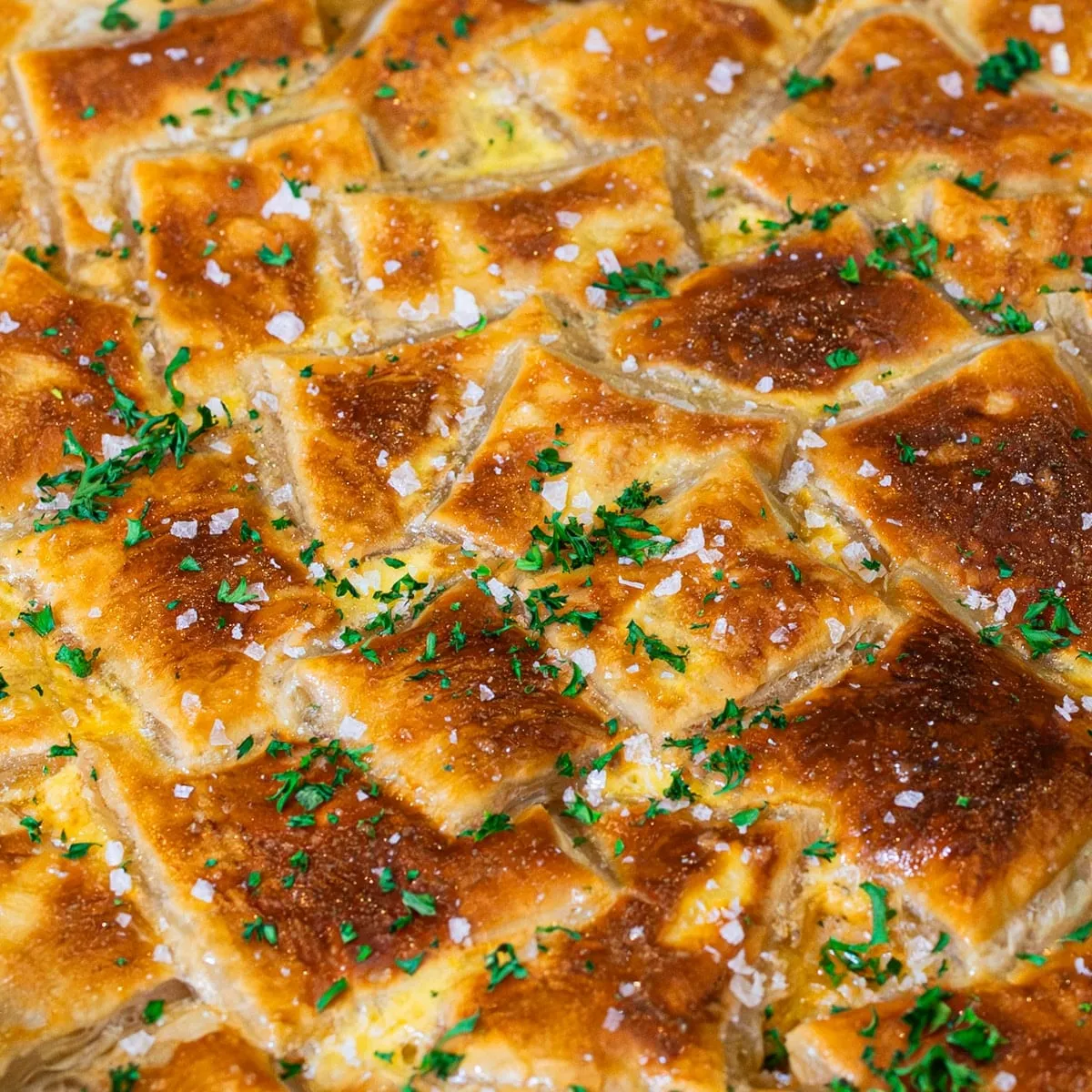 Skillet Chicken Pot Pie with Leeks. White Wine Cream Sauce, Puff Pastry Strips.