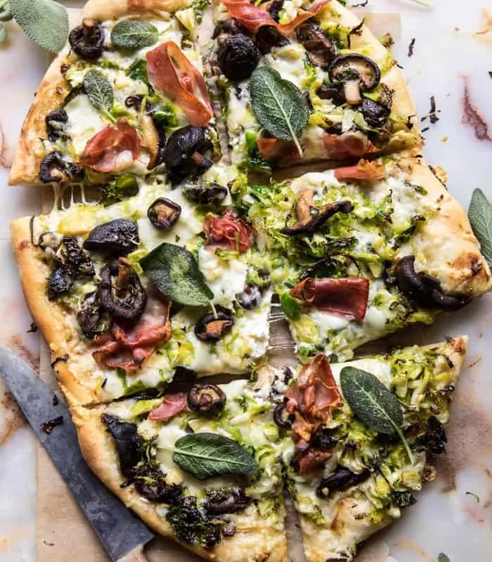 Brussels Sprout Mushroom Pizza with Crispy Prosciutto and Sage