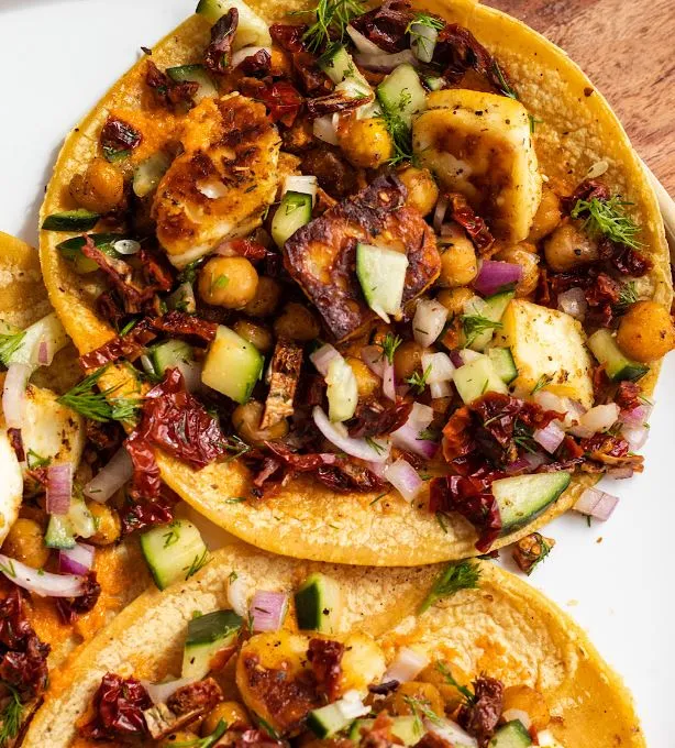 Halloumi and Chickpea Tacos with Cucumber Salsa