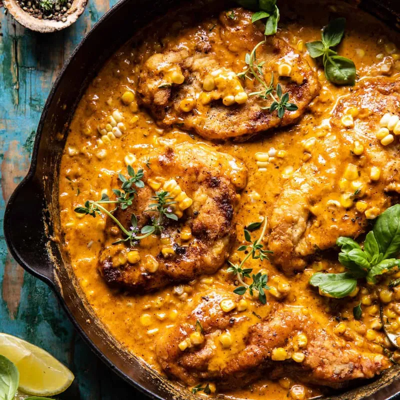 Skillet creamy cajun chicken lazone with herby corn from Half Baked Harvest