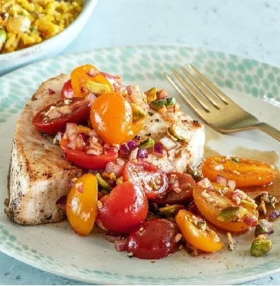 Swordfish with Smokey Tomato Salsa Pistachio Salsa