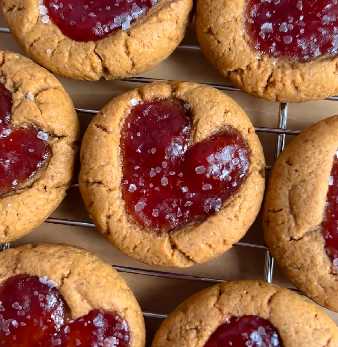 Gluten-Free Peanut Butter & Jam Heart Thumbprint Cookies