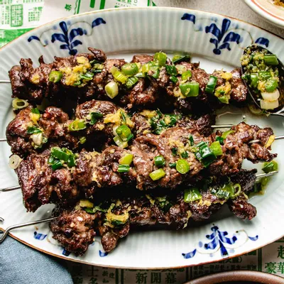 Recipe 'Beef skewers recipe with ginger scallion sauce'