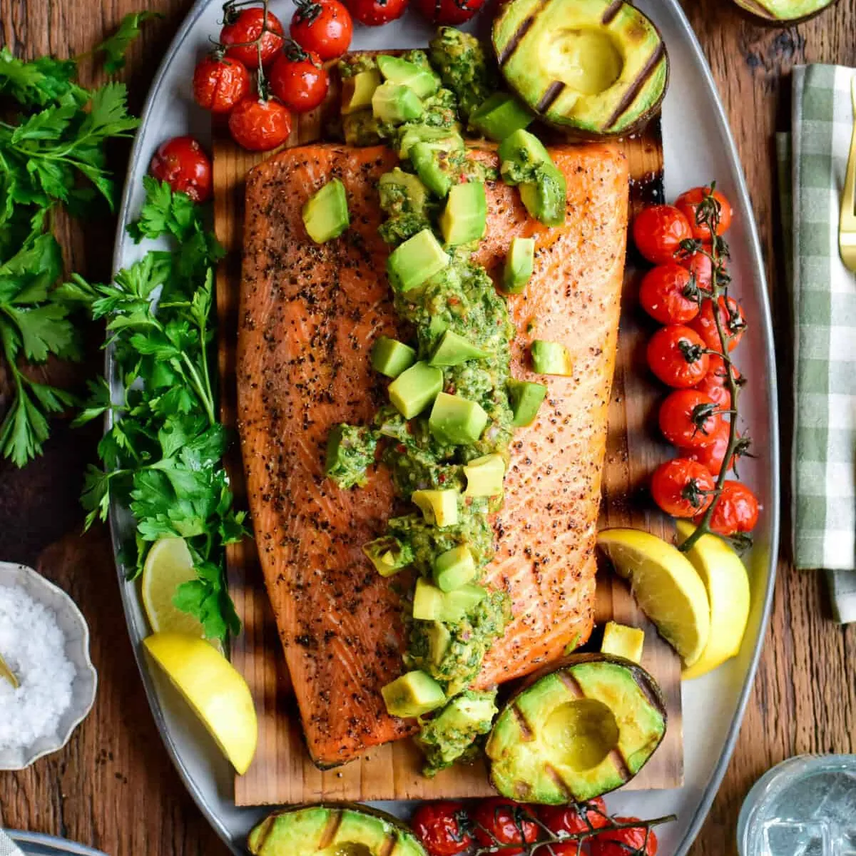 Cedar Planked Salmon with Grilled Avocado Chimichurri