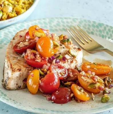 Recipe 'Swordfish with Smokey Tomato Salsa Pistachio Salsa'