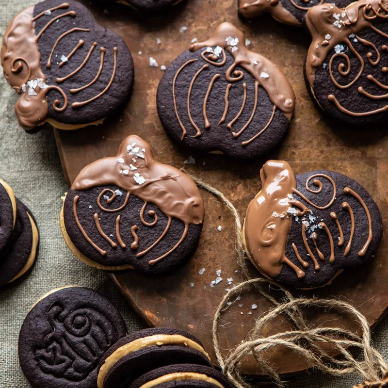 Peanut Butter Stuffed Chocolate Jack-O’-Lantern Cookies