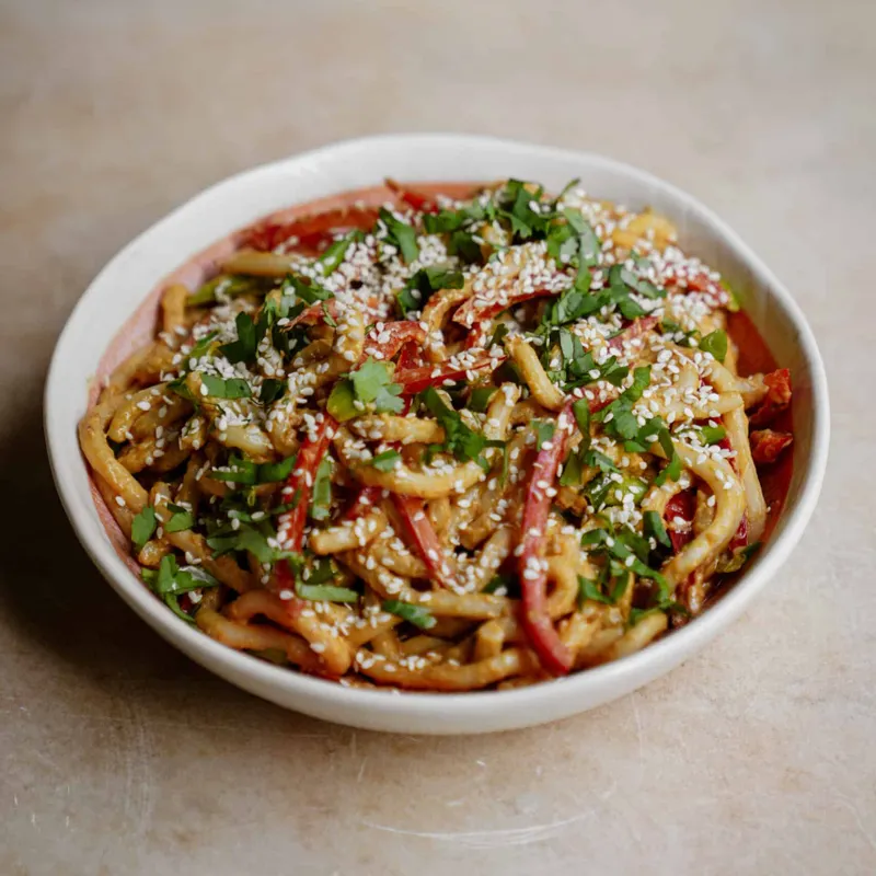 Spicy Udon Noodles with Peanut Sauce