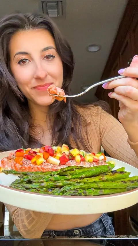 Grilled Sustainable Wild-Caught Sockeye Salmon Filet with a Summer Stone Fruit Salad and Grilled Asparagus
