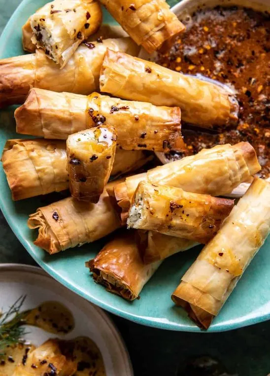 Oven Fried Feta Rolls with Chili Honey