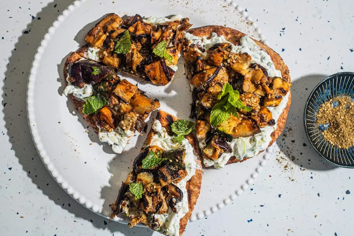 Charred Vegetable Flatbreads with Zucchini Yogurt Sauce