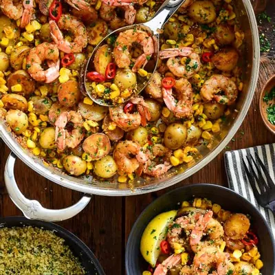 Recipe 'Spicy Calabrian Shrimp with Corn, Potatoes &amp; Pangrattato'