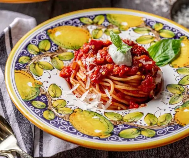 Pasta al Sugo di Pomodoro with Whipped Basil Ricotta