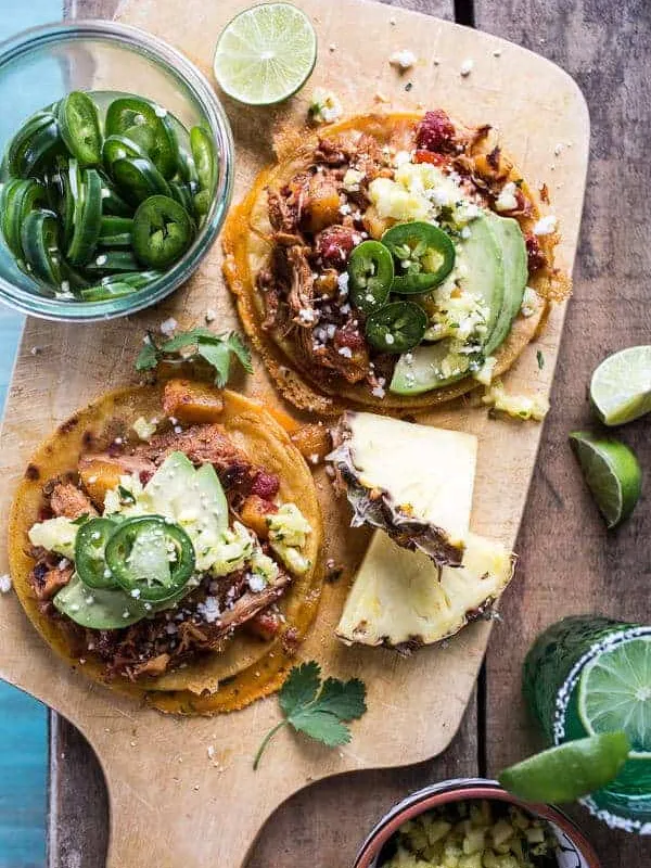 Chipotle Pineapple Chicken Tinga Quesadilla Tostadas with Tequila Lime Pickled Jalapeño's.