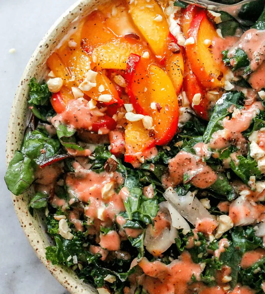Peach and burrata salad with a hot honey peach vinaigrette