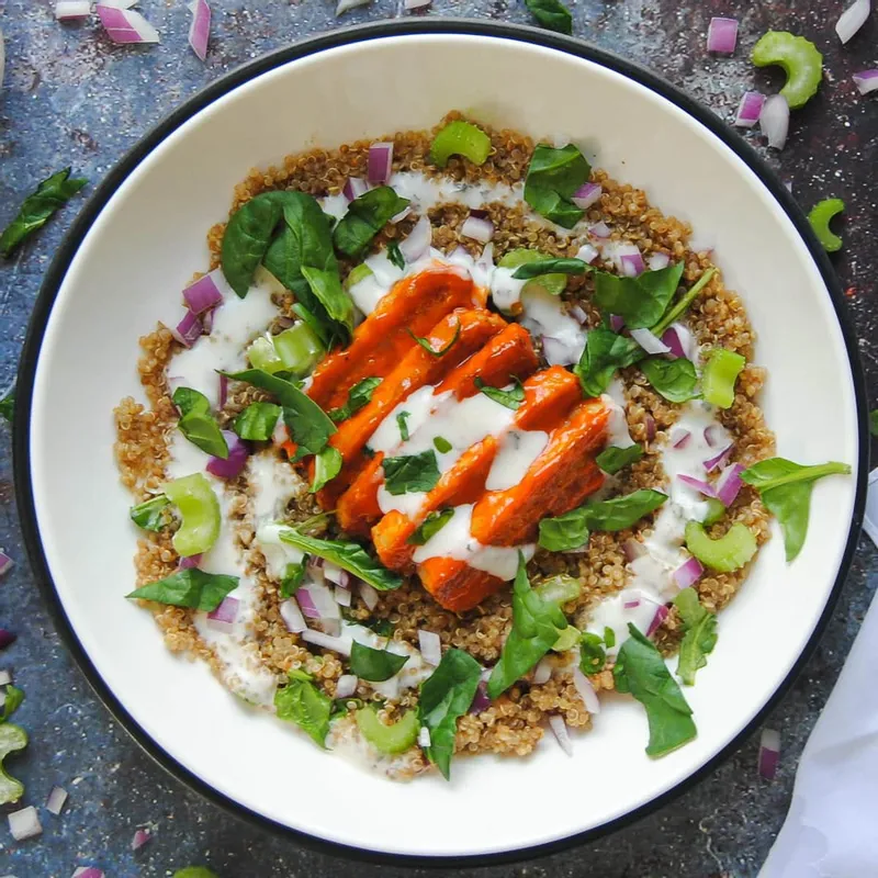 Vegan Quinoa Bowl with Buffalo Tempeh