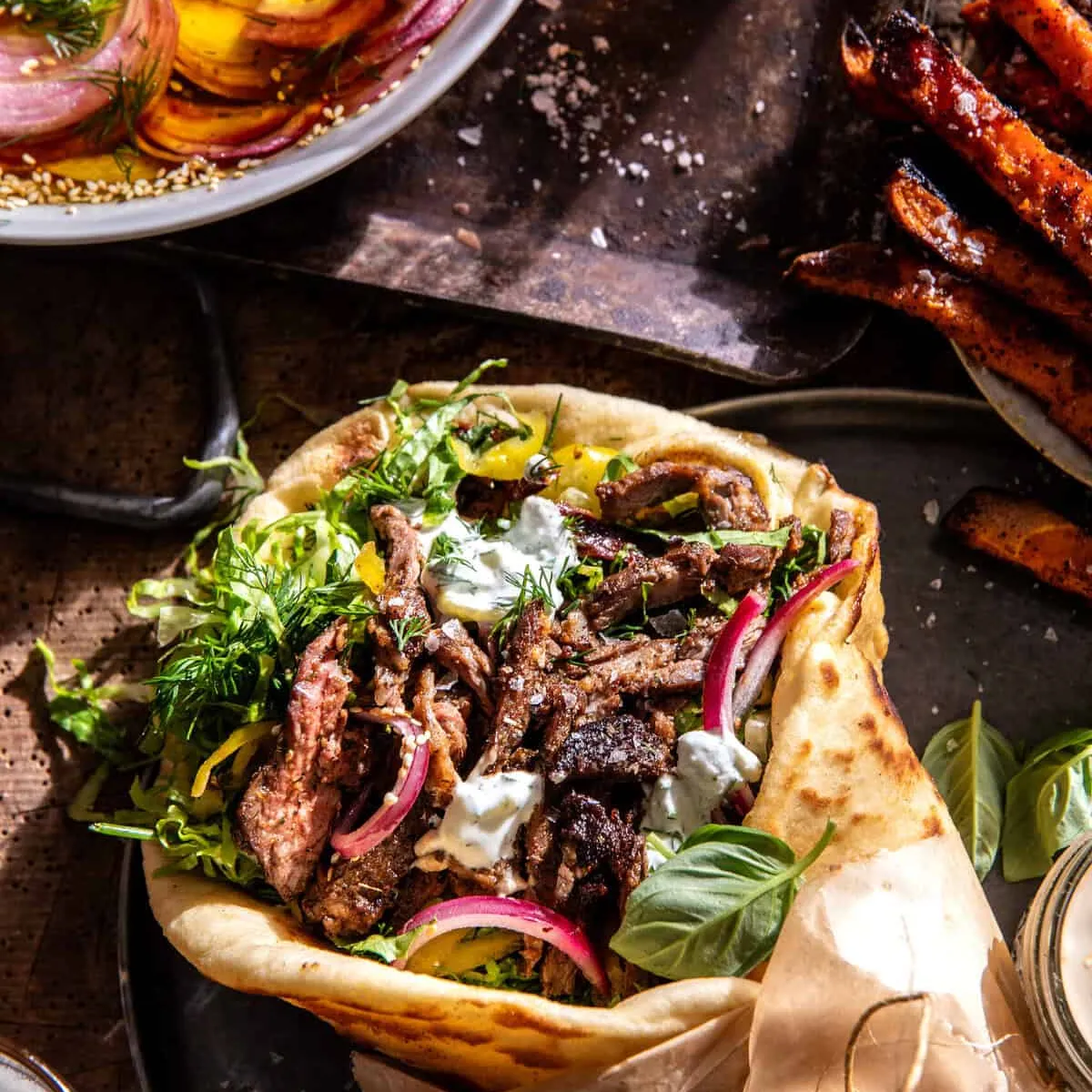 Sheet Pan Steak Gyros with Feta Tzatziki Sauce