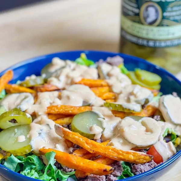 Low Carb Gut Friendly Fermented Dill Pickle Burger Bowls