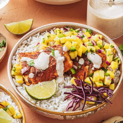 Recipe 'Fish Taco Bowls with Mango Salsa &amp; Chipotle Lime Sauce'