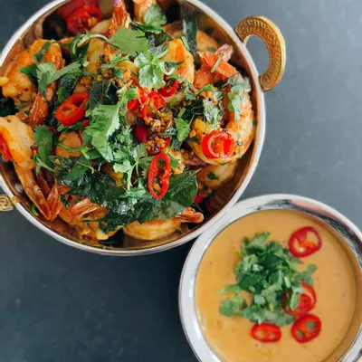Recipe 'Seared Garlic Chili Shrimp & Madras Yellow Dal'