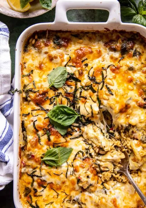 One Pan Spinach and Artichoke Orzo Bake